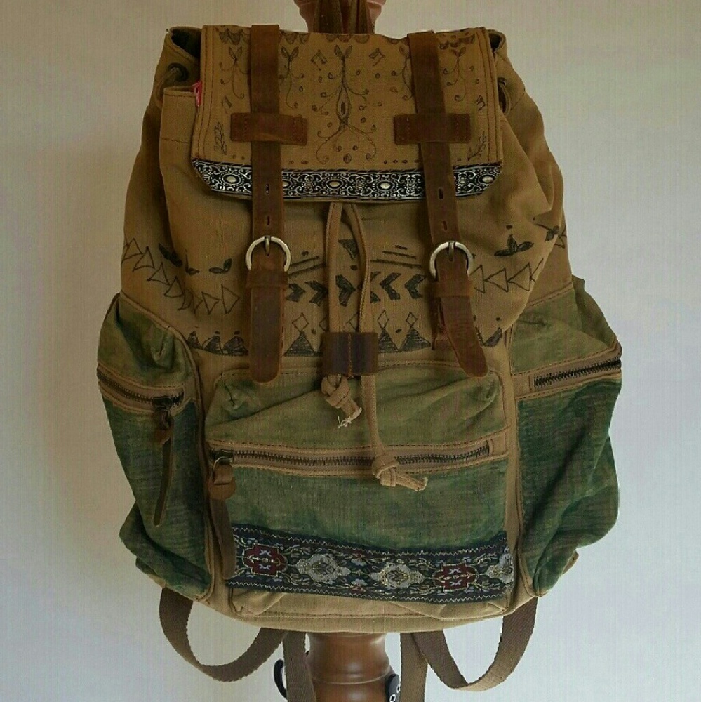Nwot Boho leather canvas green geometric backpack